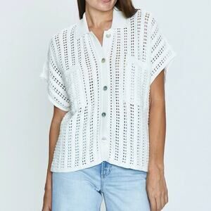 Pistola Lola Open-Knit Button-Front Crochet Cardigan Sweater Ecru Cream L